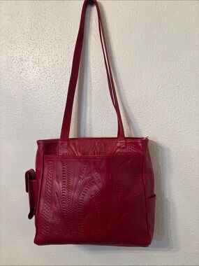 Red Embossed Leather Tote with Shoulder Straps Made in Paraguay